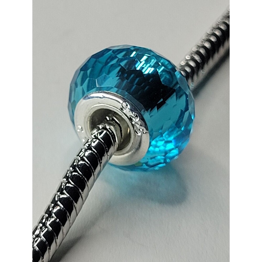 NWT 925 Silver For Pandora Charm Bracelets Aqua Blue Glass Faceted European Bead